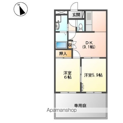 サンハイツ・オクヤマ[2DK/44.88m2]の間取図