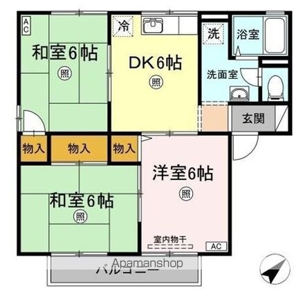 サリネージュ山手　ＡＢＣＤ棟　Ａ棟[3DK/53.89m2]の間取図