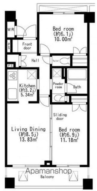 東京都世田谷区弦巻２丁目[2LDK/56.07m2]の間取図