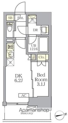 ザ・ライオンズフォーシア文京湯島[1DK/25.56m2]の間取図