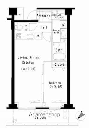 東京都新宿区北新宿４丁目[1LDK/44.31m2]の間取図