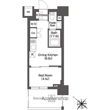 ＯＲＳＵＳ　ＡＫＡＢＡＮＥ　ＥＡＳＴ[1DK/25.13m2]の間取図