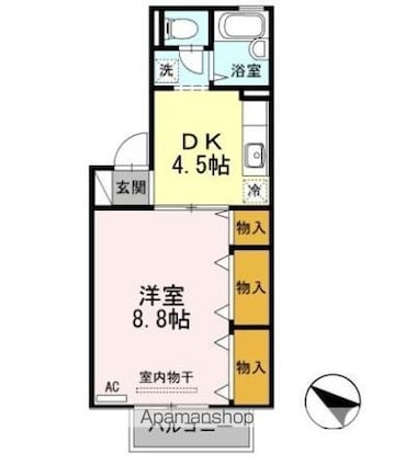 フロラシオン川内　Ⅱ棟[1DK/32.74m2]の間取図