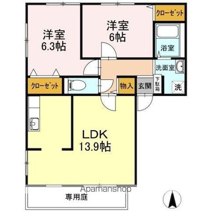 パインズコート新居　Ｅ棟[2LDK/57.96m2]の間取図