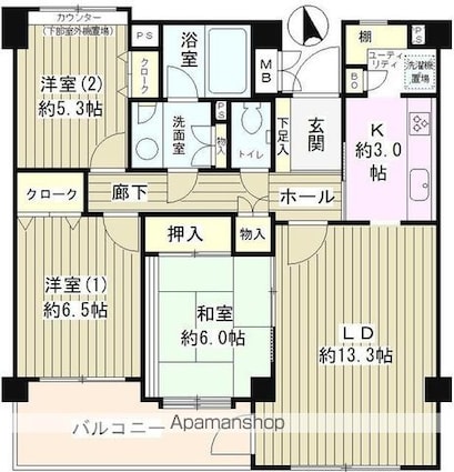 成城ストリームハイツ[3LDK/83.89m2]の間取図