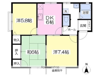 ディアス梶川Ｂ棟[3DK/56.1m2]の間取図
