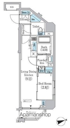 プライムブリス東中野駅前[1LDK/33.05m2]の間取図