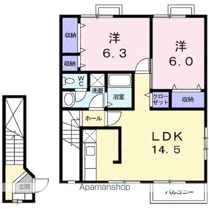 サンシティー国府Ｂ[2LDK/65.07m2]の間取図