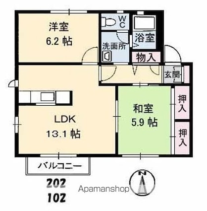 ウエストフィールド　Ｂ棟[2LDK/57.75m2]の間取図