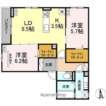 ＣＬＡＳＳＥＵＭ仙台小田原　Ｂ棟[2LDK/61.15m2]の間取図