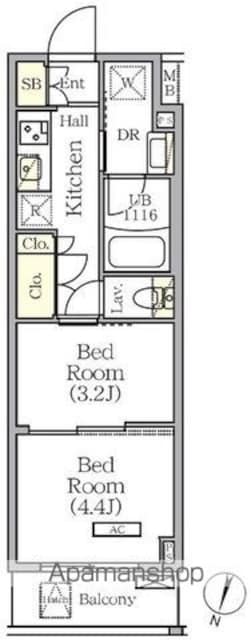 ＡＲＫＭＡＲＫ世田谷砧[2K/25.47m2]の間取図