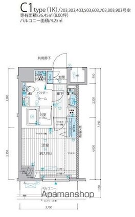 メインステージ三ノ輪Ⅲ[1K/26.45m2]の間取図