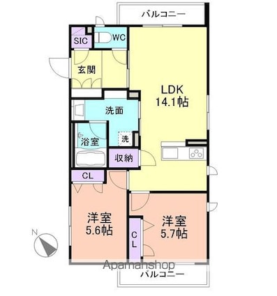 ベレオ黒田ＳＯＵＴＨ[2LDK/61.56m2]の間取図