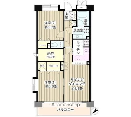 東京都世田谷区経堂３丁目[2LDK/57.12m2]の間取図