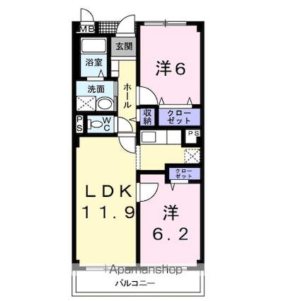フォンテーヌ・パレスＢ[2LDK/55.08m2]の間取図