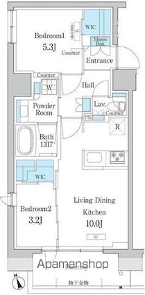 デュオフラッツ浅草田原町[2LDK/48m2]の間取図