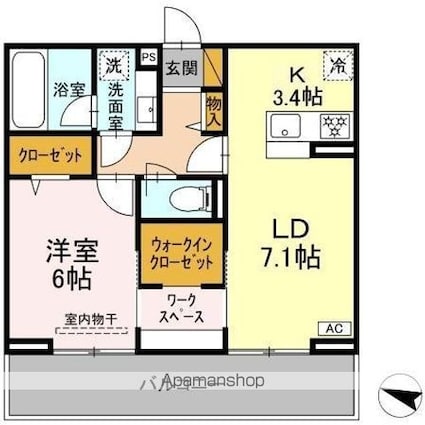 リシェスみのり台　Ａ・Ｂ・Ｃ　Ｃ棟[1LDK/46.67m2]の間取図