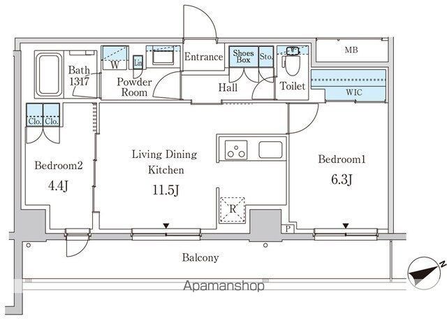 パークアクシス下北沢[2LDK/52.35m2]の間取図