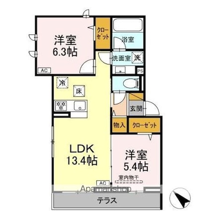 ボヌールＩＩ[2LDK/55.3m2]の間取図
