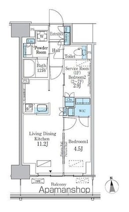 パークアクシス新宿百人町[2LDK/44.54m2]の間取図