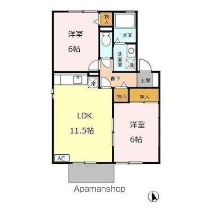 セジュールかながわ　Ｂ棟[2LDK/53.76m2]の間取図