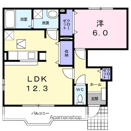 シャン．ド．フルールⅡＡ[1LDK/45.99m2]の間取図