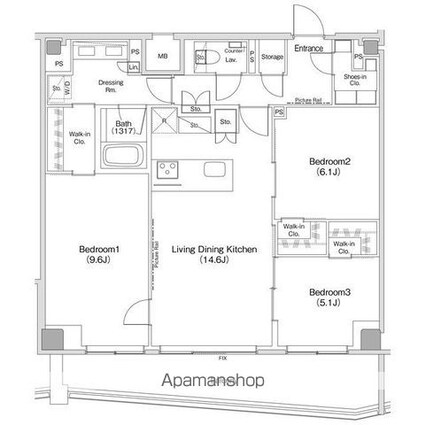 ザ・パークハビオ渋谷クロス[3LDK/85.08m2]の間取図