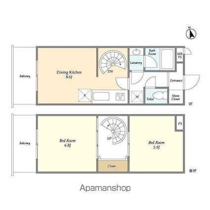グランウッズ自由が丘[2DK/54.63m2]の間取図