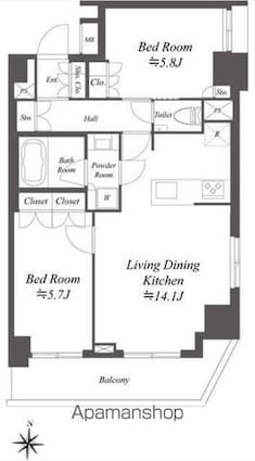 ＡＩＦＬＡＴ両国[2LDK/57.55m2]の間取図
