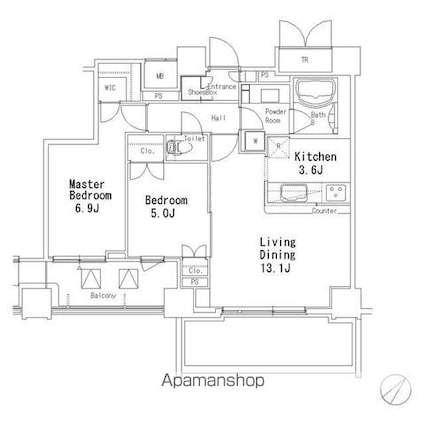 ＭＦＰＲ目黒タワー[2LDK/63.66m2]の間取図