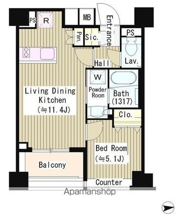 パークホームズ初台[1LDK/39.65m2]の間取図