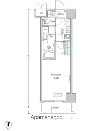 アーバネックス清澄白河Ⅱ　ＥＡＳＴ棟[1K/25.42m2]の間取図