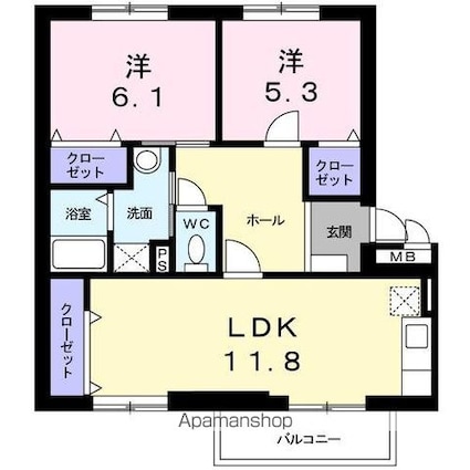 ニューエルディムマナベＢ[2LDK/63.54m2]の間取図