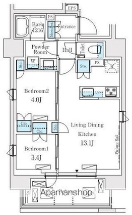 プライムガーデン恵比寿南[2LDK/48.73m2]の間取図