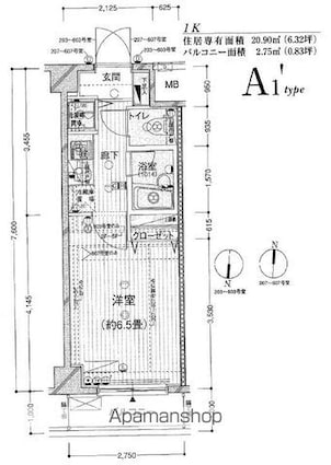 プレール・ドゥーク錦糸町[1K/20.9m2]の間取図