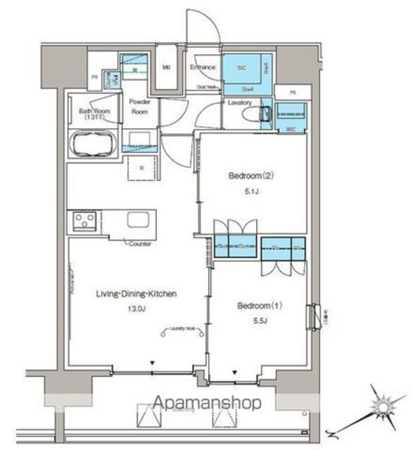 ルフォンプログレ蔵前プレミア[2LDK/55.4m2]の間取図