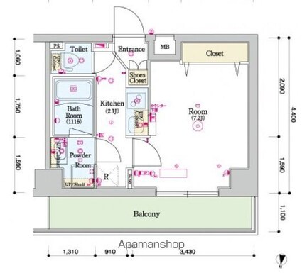 スカイコートグレース新宿中落合[1K/25.52m2]の間取図