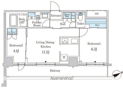 パークアクシス下北沢[2LDK/52.35m2]の間取図