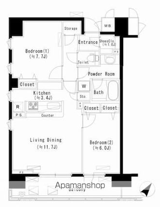 東京都新宿区北新宿４丁目[2LDK/66.39m2]の間取図