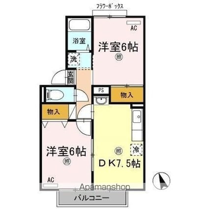 チェリータウン川東Ａ・Ｂ棟[2DK/45.34m2]の間取図