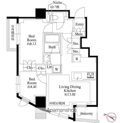 ３４３レジデンス目黒Ⅱ（オープンレジデンシア）[2LDK/53.39m2]の間取図
