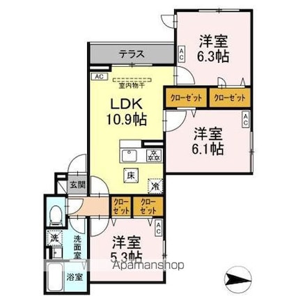 アンソレイエＩＩ[3LDK/62.39m2]の間取図