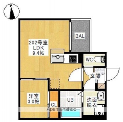 岡山県岡山市北区東島田町２丁目[1LDK/30.46m2]の間取図