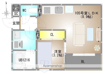 岡山県岡山市北区下伊福本町[1LDK/30.7m2]の間取図