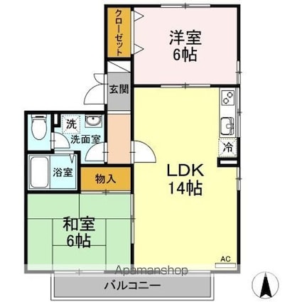 ハイカムール　南　Ｂ棟[2LDK/57.08m2]の間取図