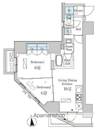 ライオンズフォーシア神田須田町[2LDK/45.57m2]の間取図