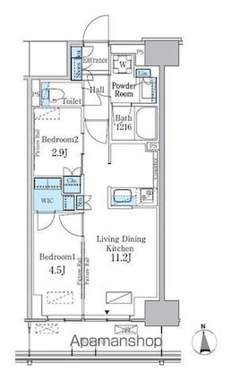 パークアクシス新宿百人町[2LDK/44.54m2]の間取図