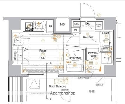 プレミアムキューブ品川戸越[1R/20.74m2]の間取図