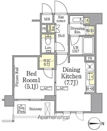 ザ・パークワンズ高輪[1DK/33.7m2]の間取図