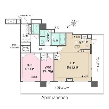 ザ・パークハウス戸越公園タワー[2LDK/73.97m2]の間取図